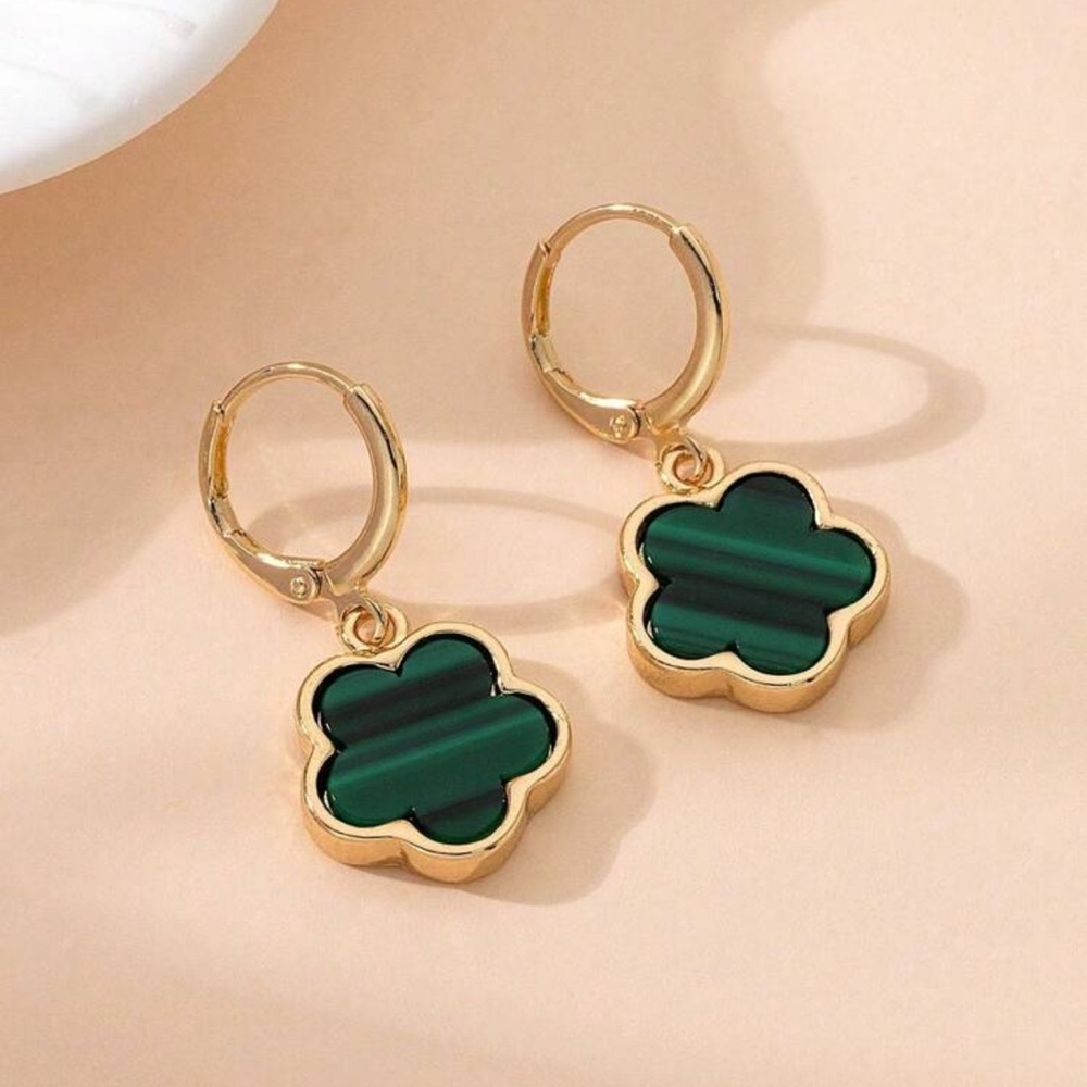 New Gold tone Clover Earrings, Delicate Clover Malachite Lucky Four Leaf Clover